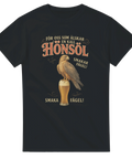 Svart t-shirt med fågel som står på en öl och texten ”Hönsöl – smaka fågel!”. Parodi på Falcon