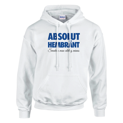 vit hoodie med blå text absolut hembränt smaken man aldrig minns