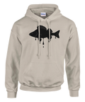 Beige hoodie med svart siluett av en abborre som droppar