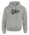 Grå hoodie med svart Falun-text i retrostil