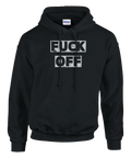 svart hoodie med vit text fuck off i blockstil
