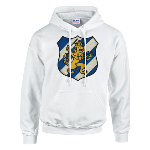 Vit hoodie med Göteborgs blåvita lejon i stadsvapensköld