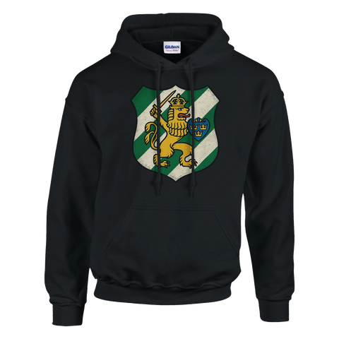 Svart hoodie med Göteborgs lejon i grön-vit sköld 