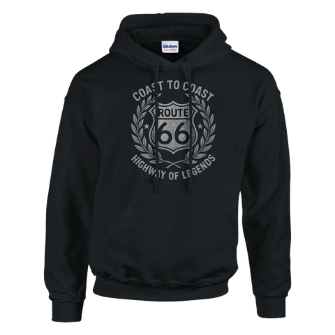Svart hoodie med Route 66-logga och texten Coast to Coast Highway of Legends