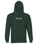 Skogsgrön premiumhoodie med minimalistisk Shirty-logotyp och grafisk textdesign