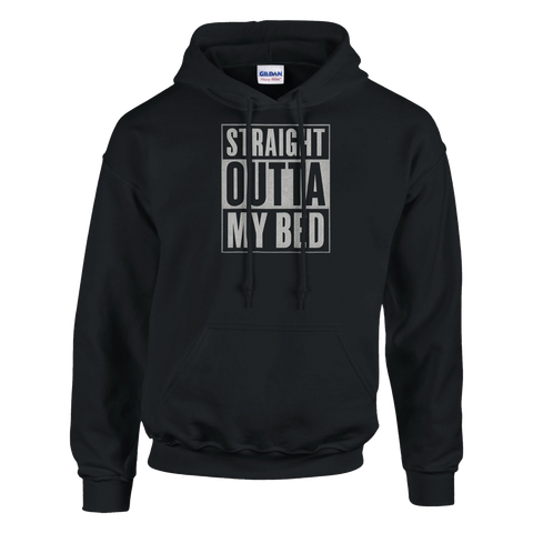 Svart hoodie med grå text Straight Outta My Bed i boxad stil