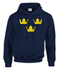 Marinblå hoodie med tre gula kronor i klassisk Tre Kronor-design