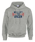 grå hoodie med texten will lift for bacon och hantelmotiv