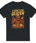 Svart t-shirt med zombieliknande figur och texten "I CAN'T EAT GLUTEN" ovanför pasta och bröd