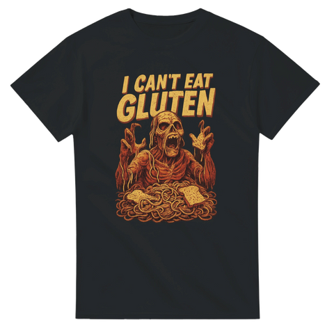 Svart t-shirt med zombieliknande figur och texten "I CAN'T EAT GLUTEN" ovanför pasta och bröd
