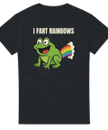 svart t-shirt med tecknad grön groda som släpper ut en regnbåge och texten I Fart Rainbows
