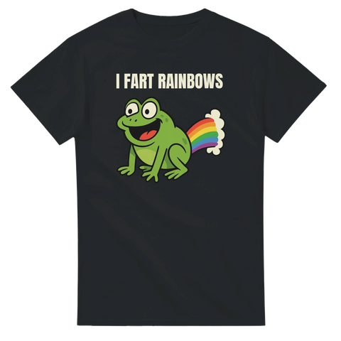 svart t-shirt med tecknad grön groda som släpper ut en regnbåge och texten I Fart Rainbows