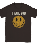 T-shirt med texten "I Hate You" och sliten smiley i retrostil