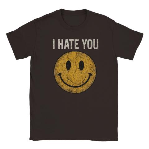 T-shirt med texten "I Hate You" och sliten smiley i retrostil