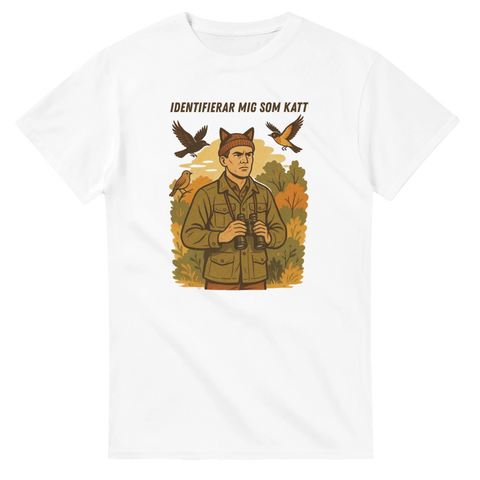 Identifierar mig som katt t-shirt – vit med rolig jaktillustration
