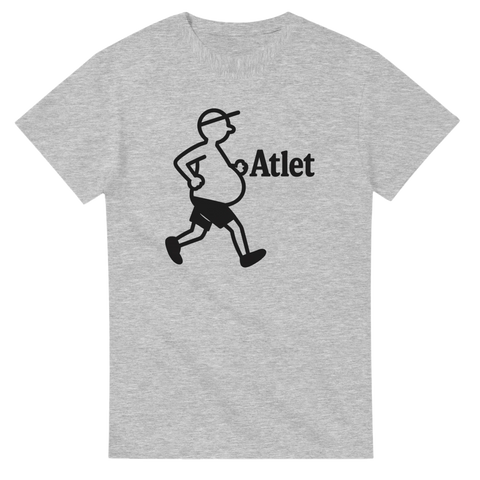 Ironisk t-shirt med tjock man och texten "Atlet"