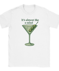 Vit t-shirt med bild på martiniglas med tre oliver och texten "It’s almost like a salad"