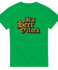 Grön t-shirt med svart/gul text i gotisk stil: “It’s Beer O’clock”.