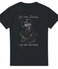 T-shirt med tecknad orm i gangsterstil, text "It's me, Snakes – I've got the stuff"