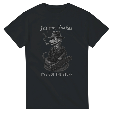 T-shirt med tecknad orm i gangsterstil, text "It's me, Snakes – I've got the stuff"