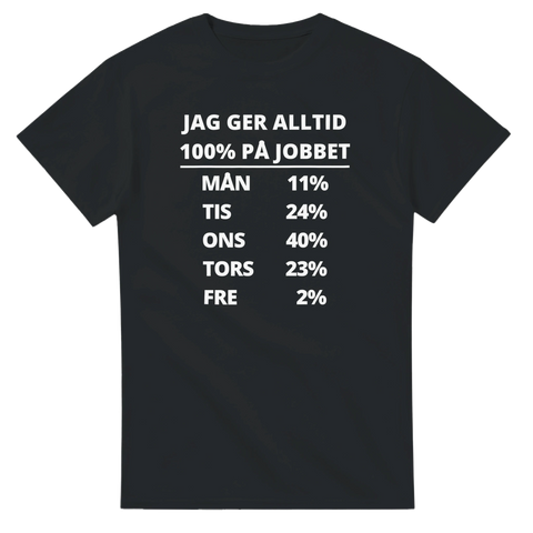 Rolig t-shirt med texten “Jag ger alltid 100% på jobbet” och humoristisk veckoprocent – perfekt för kontorshumor och AW.