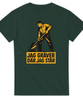 Grön t-shirt med retrotryck av man som gräver och texten Jag gräver där jag står