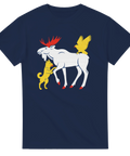 T-shirt med Jämtlands landskapsvapen – vit älg med gul hök och gul hund i strid