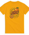 T-shirt med retroinspirerat apelsinmotiv, saftstänk och texten “Juicy” – färgstark och fruktig design för streetstyle och sommarlook.