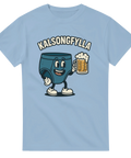 Ljusblå t-shirt med tecknade kalsonger som skålar med öl – busig design för fest och förfest.