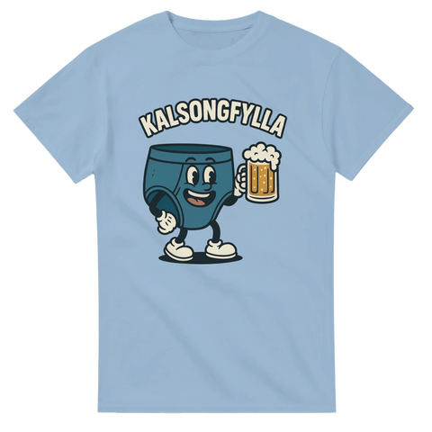 Ljusblå t-shirt med tecknade kalsonger som skålar med öl – busig design för fest och förfest.