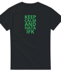 Svart t-shirt med grön text “Keep Calm and Hata IFK” i vertikal layout