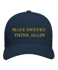 marinblå keps med guldtexten Make Sweden Think Again