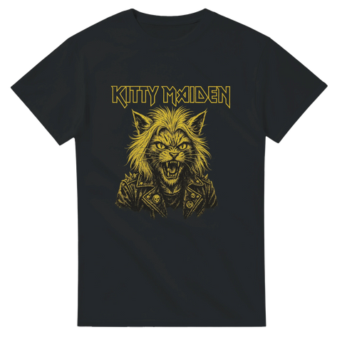 Hårdrockströja med katt inspirerad av brittisk hårdrock. Kitty Maiden - Svart t-shirt för rockers. 