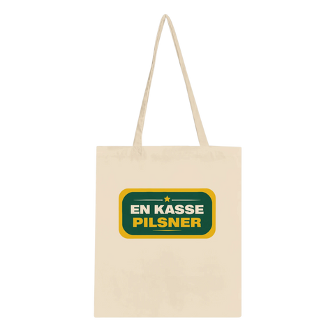 Rolig tygkasse med retro gröngul skylt och texten En Kasse Pilsner