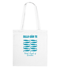 vit tygkasse med blått sillmotiv och texten Silla går te