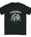 Svart t-shirt med texten "Klimatångest" och en tecknad jordglob som svettas