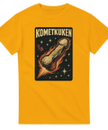Gul t-shirt med rymdmotiv och texten Kometkuken