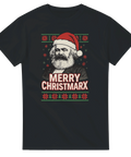 Svart t-shirt med motiv av Karl Marx i tomteluva och texten Merry Christmarx i jultröjestil.