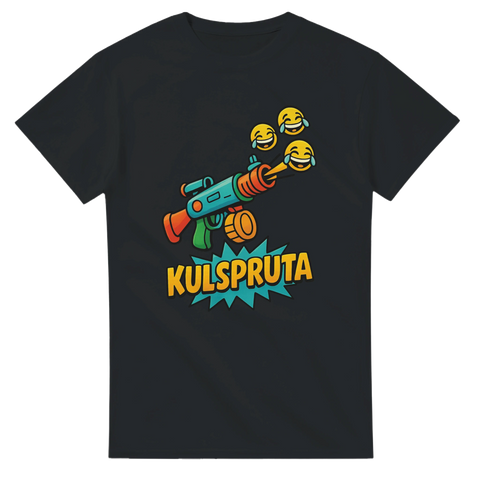 Svart t-shirt med tecknad vapenliknande emoji-kanon och texten "KulSpruta"