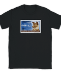 Svart t-shirt med retro postfrimärkesmotiv av rymdhunden Laika