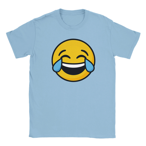 Ljusblå t-shirt med gul gråtskratts-emoji i mitten