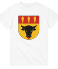 T-shirt med Lerums kommunvapen – svart oxe med tre ekblad på röd-gul sköld