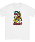 Rolig t-shirt med tecknad glad banan och texten Let’s Go Bananas i färgglada retrofärger.