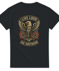 T-shirt med örn som håller en mikrofon och texten "Live Loud, Die Southern", perfekt för raggare och rockälskare