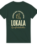 Grön t-shirt med tryck i vintage-stil: hoppande fisk och texten "Grabbar med fisherböstens lokala sportfiskeklubb".