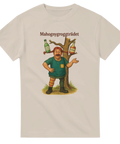 Beige t-shirt med tecknad man utklädd till pippi långstrump och träd med spritflaskor, texten ”Mahognygrogträdet”.