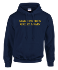 Marinblå hoodie med gul text “Make Sweden Great Again” i enkel, tydlig design