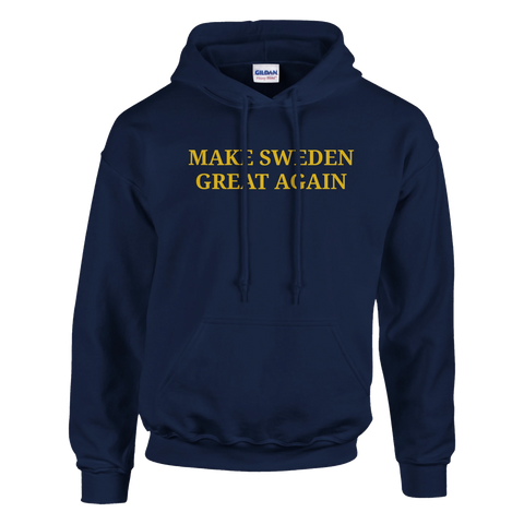 Marinblå hoodie med gul text “Make Sweden Great Again” i enkel, tydlig design