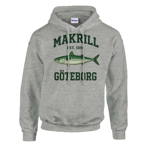 Grå hoodie med grön text "MAKRILL GÖTEBORG" och illustration av en makrill