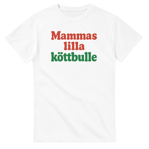 Mammas lilla köttbulle t-shirt med röd och grön text – vit